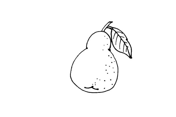 步骤5：梨的里面，画上两段小弧线作为梨的结构，再点上一些梨特有的小点。