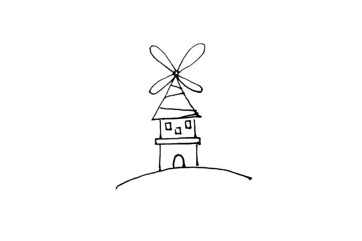 步骤5：用斜线来装饰屋顶，下面画上小窗户和门作为装饰。