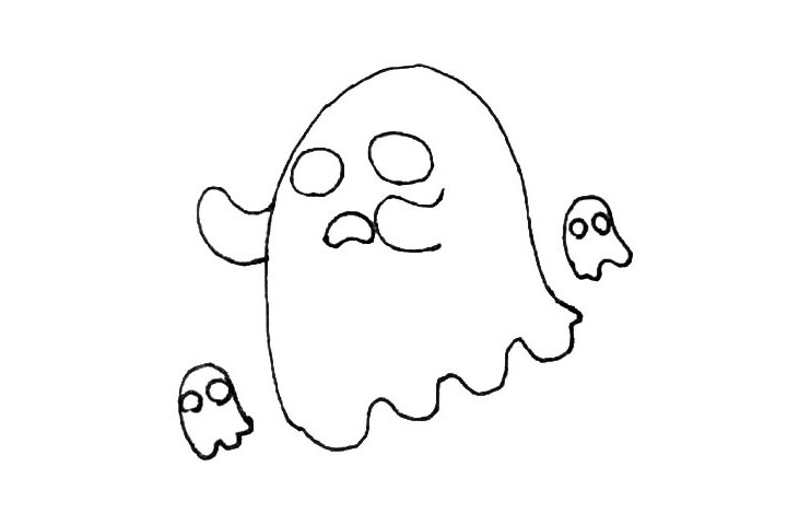 步骤5：大幽灵的周围，再画上两个小幽灵，用弧线的斗篷和圆圆的眼睛组成。