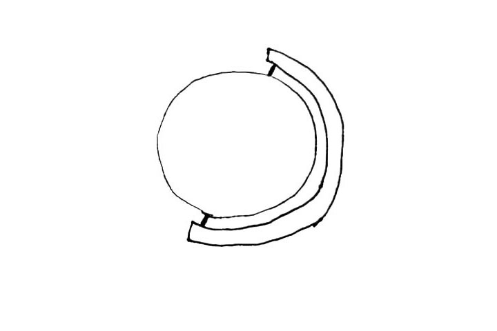 步骤3：自黑线起，再画上两条半圆的曲线，连接起来。