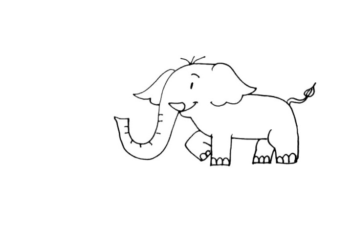 步骤7：大象画好了，我们给它画上鼻子喷出的水花吧，再画上一些水珠和地面上的水。