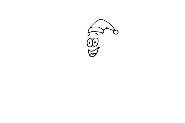 步骤3：在上面画上一个方形，再用弧线画出帽子的感觉，末端加上一个小圆球。