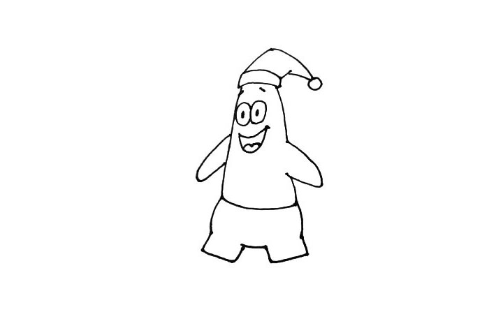 步骤5：先画出三段弧线，然后在弧线的缺口处画上一个方形作为裤子。