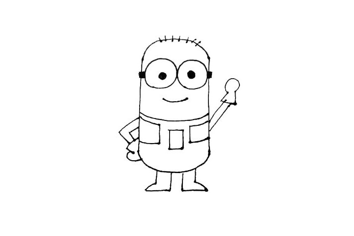 步骤6：画上手，左边的手稍微弯曲一些，右边的手笔直一些，像打招呼，两边的手都要画上手套。