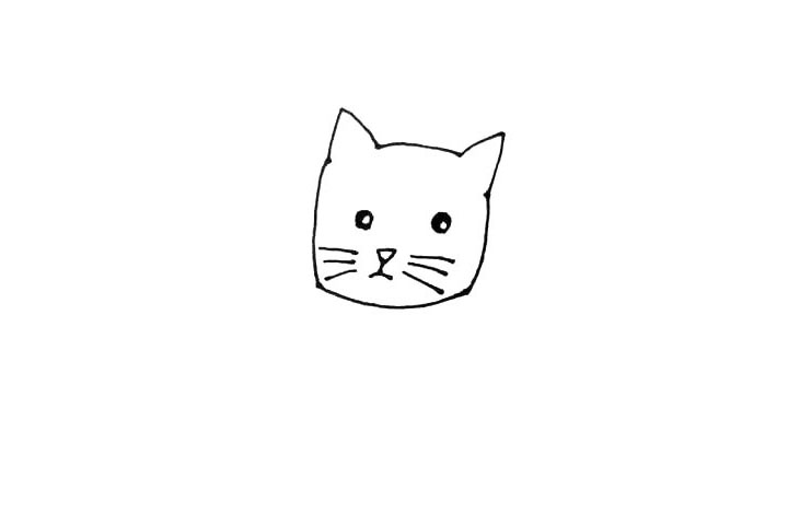 步骤3：脸里，画上圆圆的眼睛，留出一点高光，画个倒三角形的鼻子，下面画好嘴以后，左右各画上三根胡须。