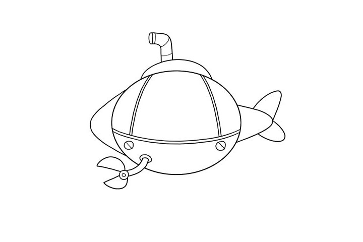 步骤3：发挥你的创意，画出潜水艇的各种装备吧，我的潜水艇搭载了潜望镜和大钳子，这样可以观察到水面的动静，还能用钳子开路。