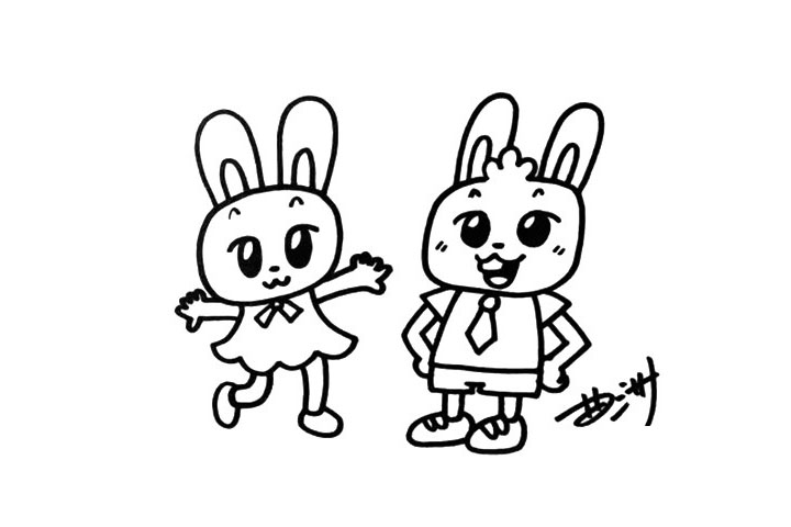 步骤4：在画面的右边画出男生版的兔子，注意他们的区别。