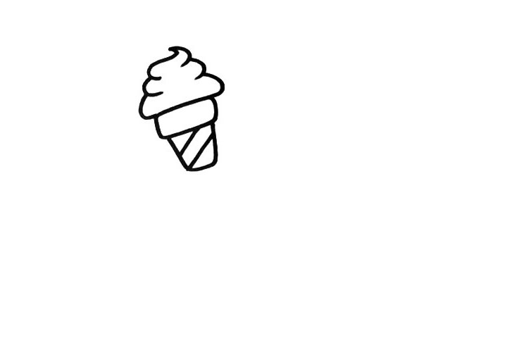 步骤1：首先，我在画纸的上方画出了一个大大的甜筒，这家店的招牌冰淇淋一定是甜筒吧。