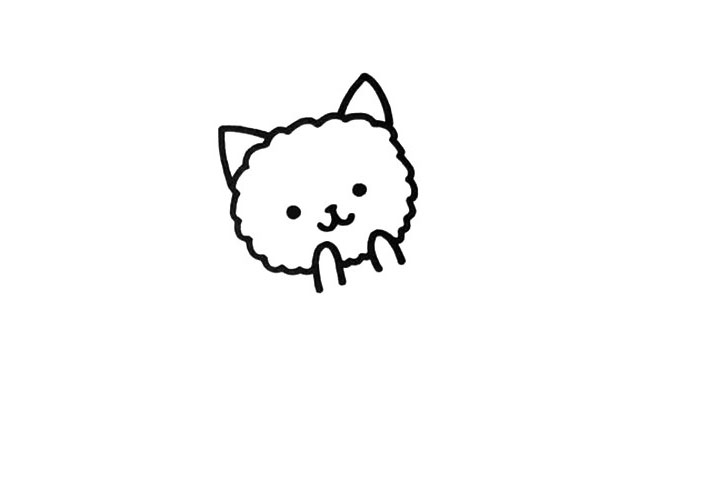 步骤2：再加上小猫的耳朵、五官，还有两只“手”。