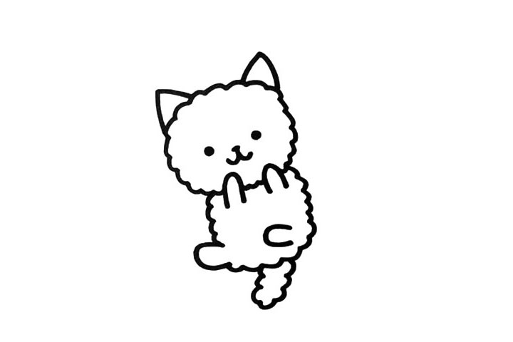 步骤3：接着画出身体、尾巴和小猫的动态，它正躺在地上撒娇呢。