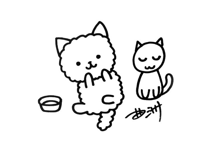 步骤4：画出简单的背景，我画了一个小猫玩偶和一个饭盆。