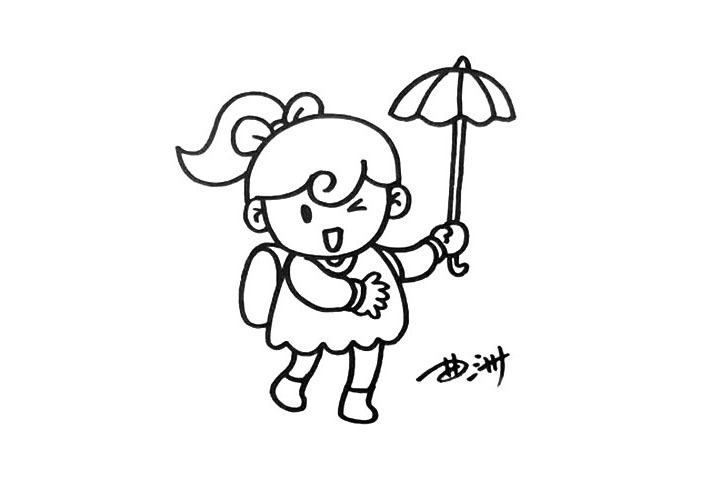 步骤4：接着把人物画完整，你可以为她设计一把伞。