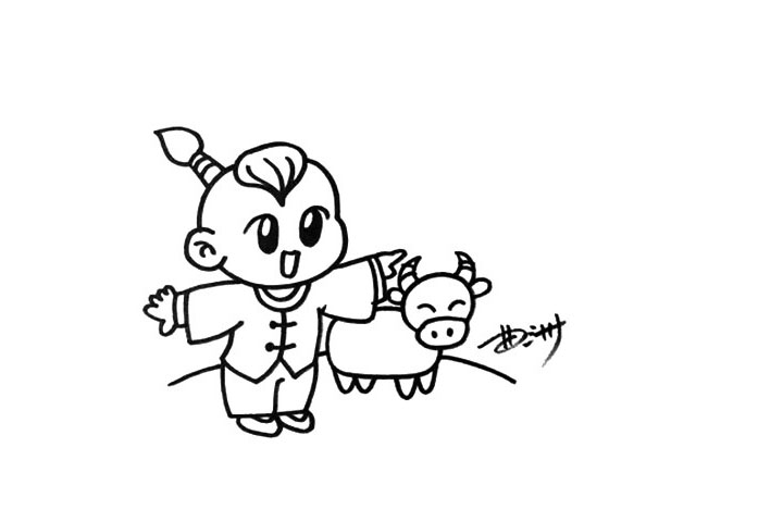 步骤4：在牧童的身后，画出一头可爱的小牛，牛的造型我设计的比较简单。