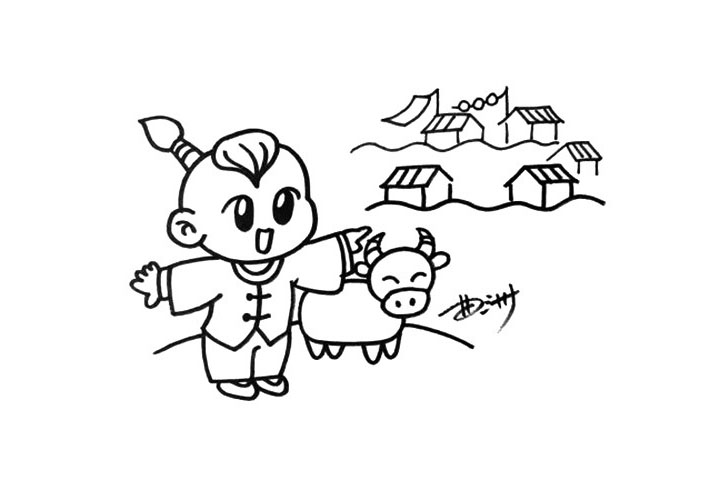 步骤5：在远处画出一座村庄，我用波浪线表现出烟雨朦胧的感觉，再用简单的线条勾勒出房子和酒店。