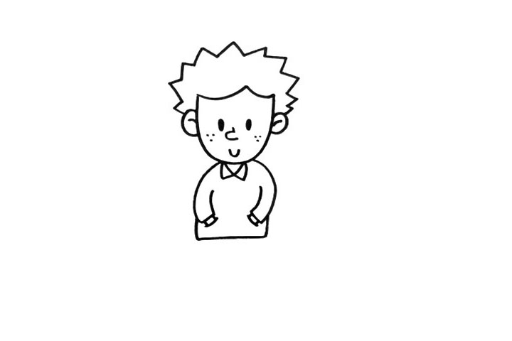 步骤2：鼻子要画的大一点，再画出宽松的上衣，注意双手插兜的动态。