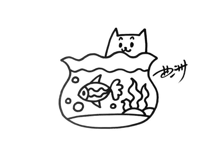 步骤4：鱼缸边上还有一只好奇的小猫，它在干什么呢?