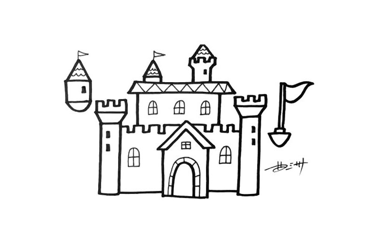 步骤4：为学校加上细节，窗户、旗帜、瓦片，注意造型要不同。