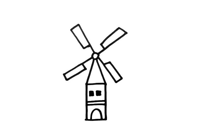 步骤1：风车小屋的顶部是一个大大的风车，像一个大大的“十”字。再画出下方尖顶的房子吧。