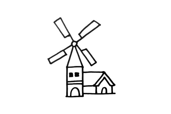 步骤2：在风车小屋的后方，你还可以加上几座小房子，注意造型要有变化。