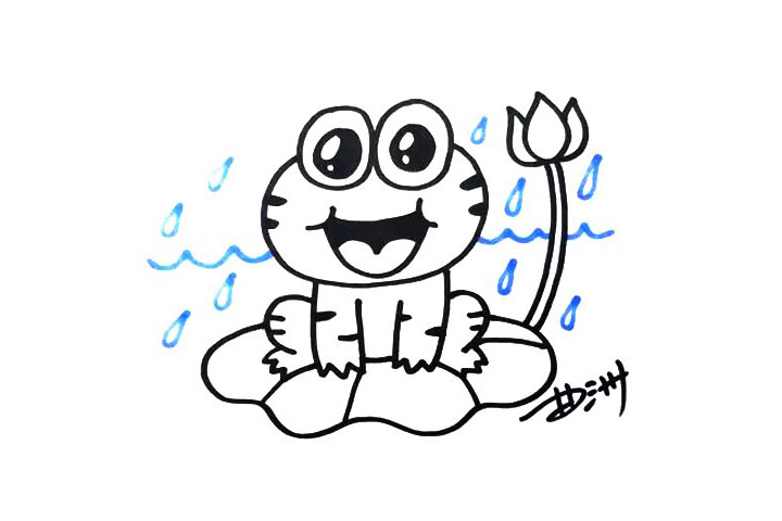 步骤4：突然下雨了，天气变得非常的凉爽，小青蛙高兴的“呱呱”叫。