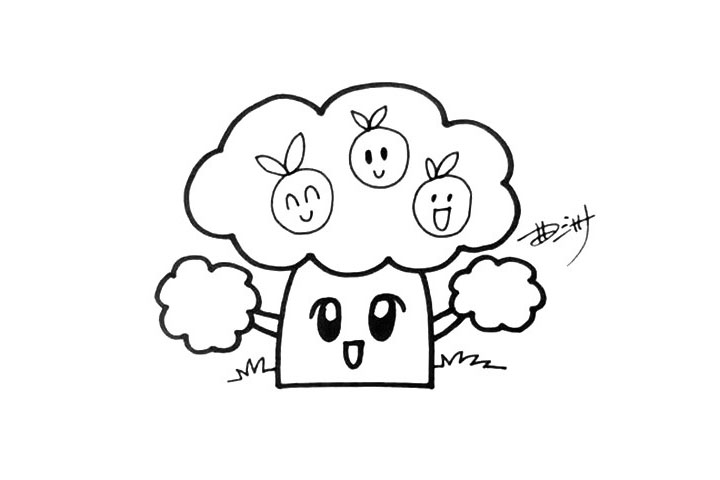 步骤4：在树冠上画出几个表情不同的果实，果实要画的可爱一点、俏皮一点。