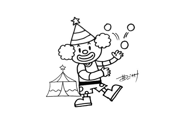 步骤5：原来小丑正在表现抛球呢，画画千万别忘了背景哟。