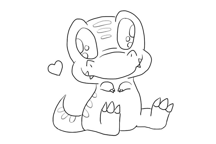 步骤7：画出小恐龙身上的花纹，旁边画一个小爱心，瞧，多可爱呀!