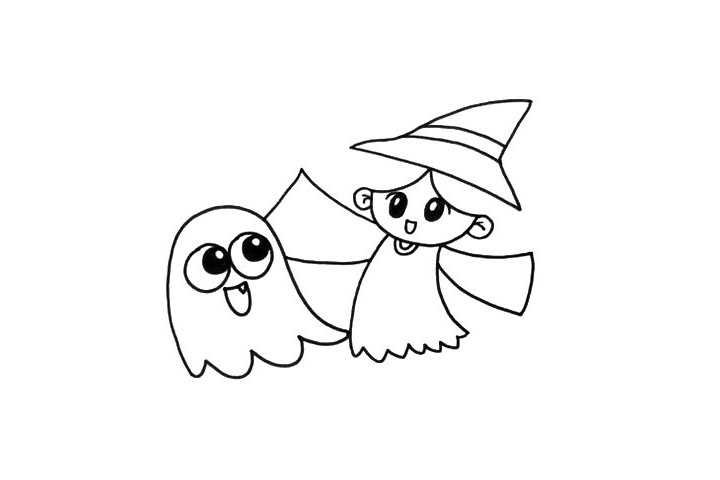 步骤2：在这只小幽灵的后面，是一位小魔女，注意我的绘画顺序，头发因为跟身体产生了遮挡关系，所以要在后一步完成。