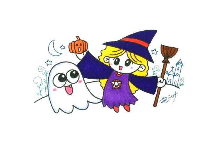 万圣节幽灵小魔女简笔画画法步骤