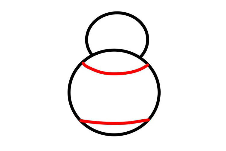 步骤2：画两条弧线，上面一条是作为它的围巾的位置，下面一条作为地面的位置。