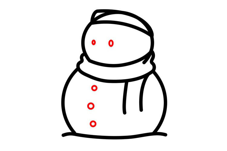 步骤8：用小圆圈画出雪人的眼睛和衣扣。