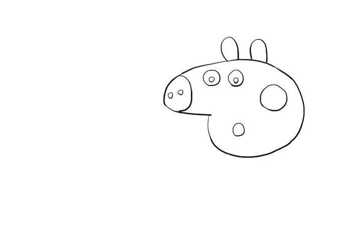 步骤2：接着画小猪佩奇的眼睛、鼻子、嘴巴和耳朵。