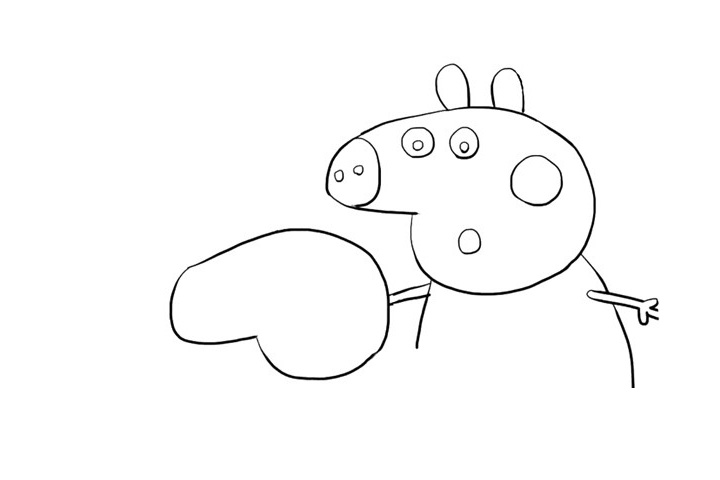 步骤4：画小猪乔治的头轮廓和佩奇的另一只手，注意遮挡关系。