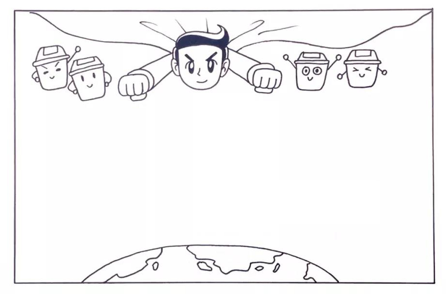 步骤3：在超人旁边画出四只可爱的垃圾桶，下面画出半个地球的轮廓。