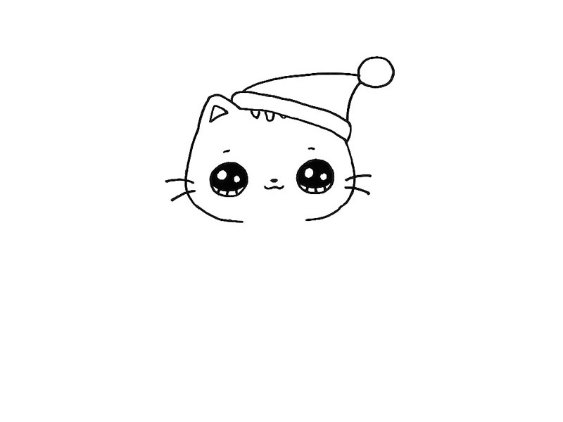 步骤5：画出小猫的眼睛鼻子嘴巴和胡须，别忘了头顶的花纹。