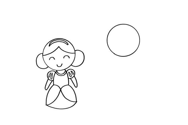 步骤2：几笔简单的线条，就把圆形改为了一个可爱的小公主，你还可以尝试变换造型。