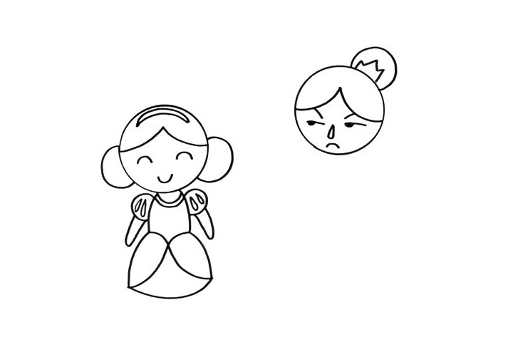 步骤3：皇后的表情非常的不开心，因为她很嫉妒美丽可爱的白雪公主。