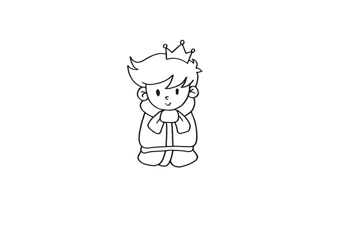 步骤2：接着画出他的王冠，这象征着王子的权利，还要画出他厚厚的衣服。