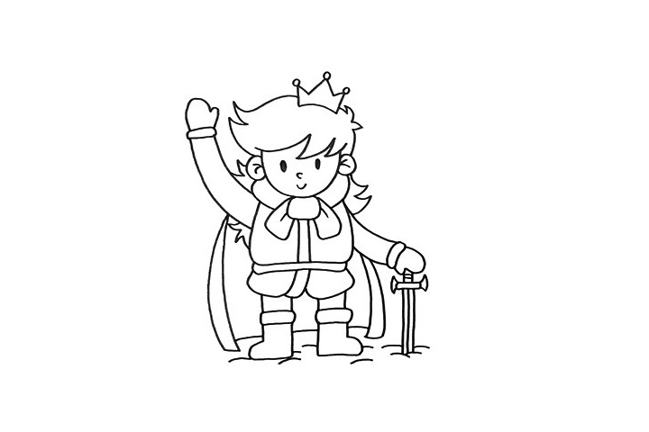 步骤3：看，他正拿着宝剑，披着披风在和我们打招呼呢。