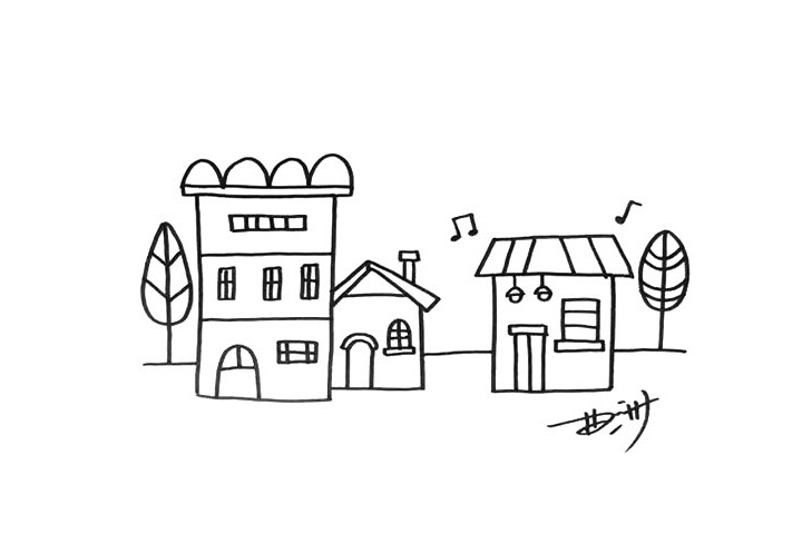 步骤4：现在我加上一些树木和音符，让画面看起来更像一个小镇。