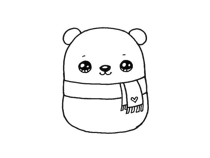 步骤5：画出小熊可爱的五官和围巾上的爱心装饰。