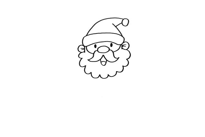 步骤1：我们先画出圣诞老人的头部，头上的圣诞帽和大胡子是他明显的特征。