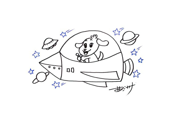 步骤5：在飞船的周围画出星球、星星、飞碟，让画面更加的丰富。