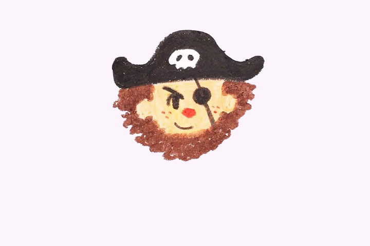 步骤3：下面我们要画出五官、眼罩，还有他的头发和络腮胡，这样一来头部的造型就完成了，是不是很可爱。