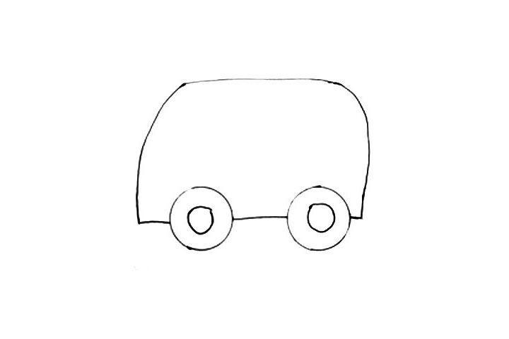 步骤2：外圆画好后，再把内圆画出来，两个轮胎画好再画救护车的外壳，