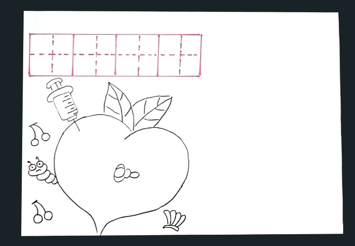 步骤3：在萝卜上画出一根针管和虫子。