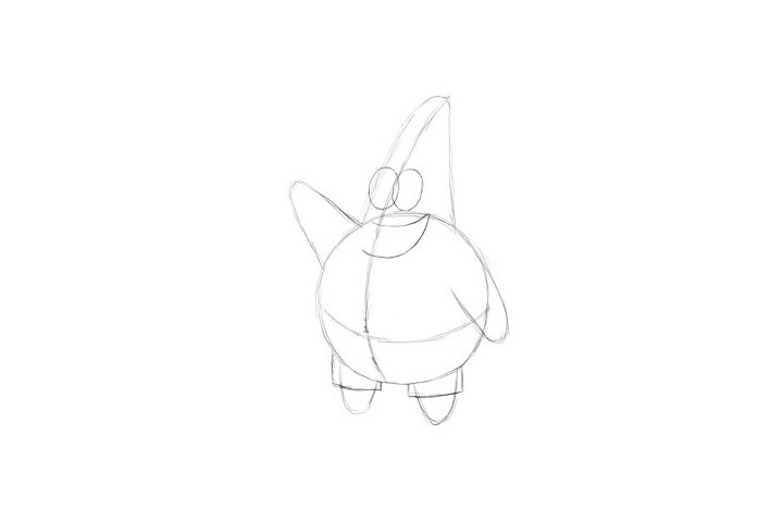 步骤1：先用铅笔轻轻勾画出派大星的线稿草图，不用画的太重，方面调整修改。