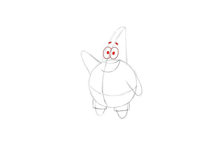 步骤2：根据线稿图先画出派大星的眉毛和眼睛。