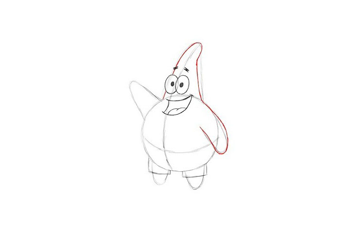 步骤4：接着画他尖尖的头部和右手的线条轮廓。