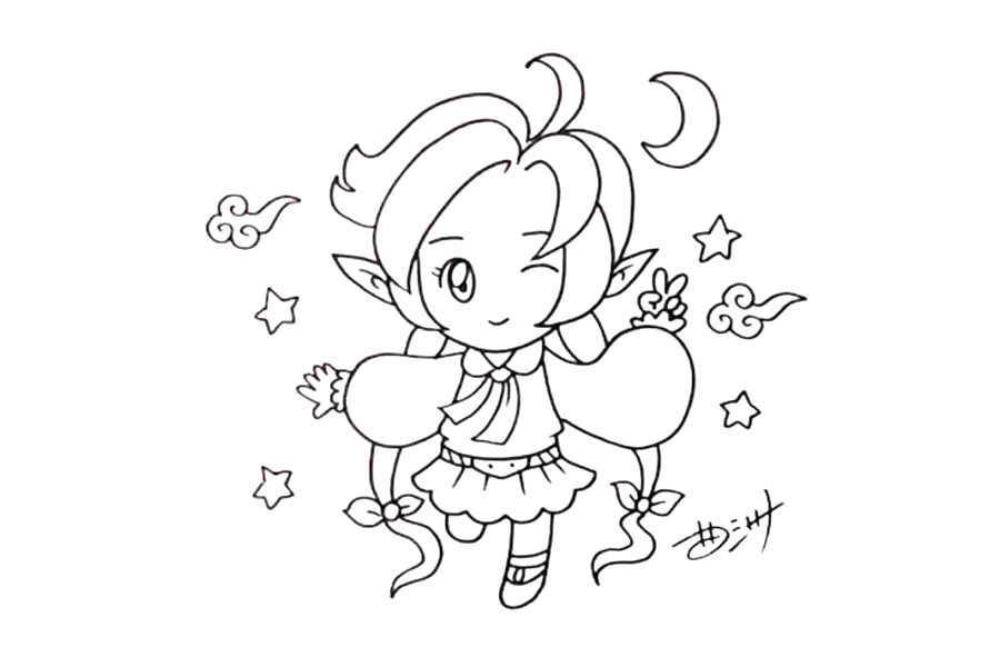 步骤5：接着画她的胳膊和装饰图案。